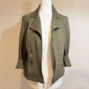 Anne Klein Olive Moto Jacket Small | Gold Zip Tailored Minimalist Chic